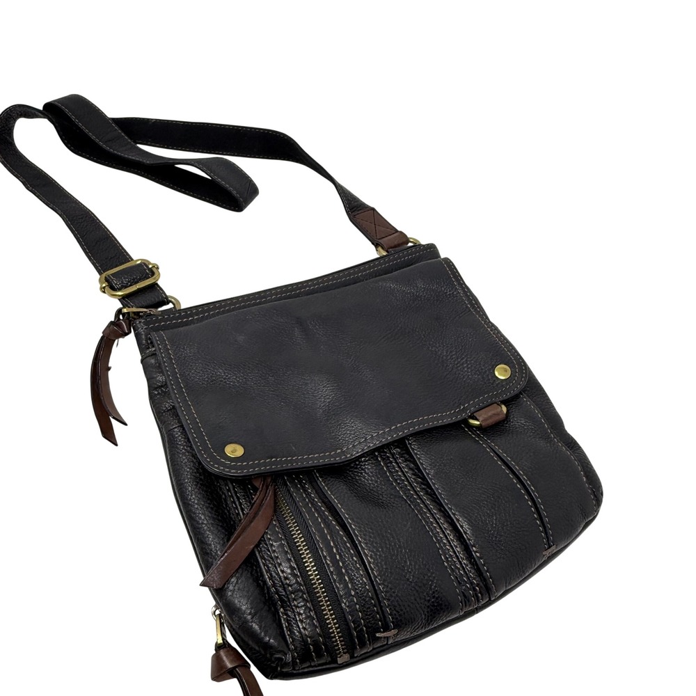 Fossil Black Pebbled Leather Crossbody Messenger Bag Brown Trim Brass Hardware